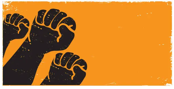 Vector illustration of Protesters or activist hands in the air with texture