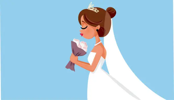 Vector illustration of Beautiful Bride Holding Flower Bouquet Wedding Illustration