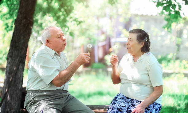 istock Loving elderly couple blowing on dandelions 1254888004