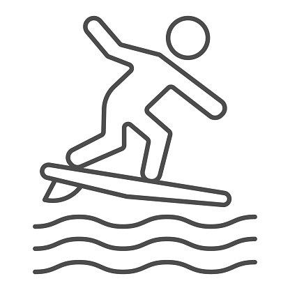 Surfing thin line icon, Summer water sport concept, Surfer and waves sign on white background, Man surfing on surfboard icon in outline style for mobile concept and web design. Vector graphics