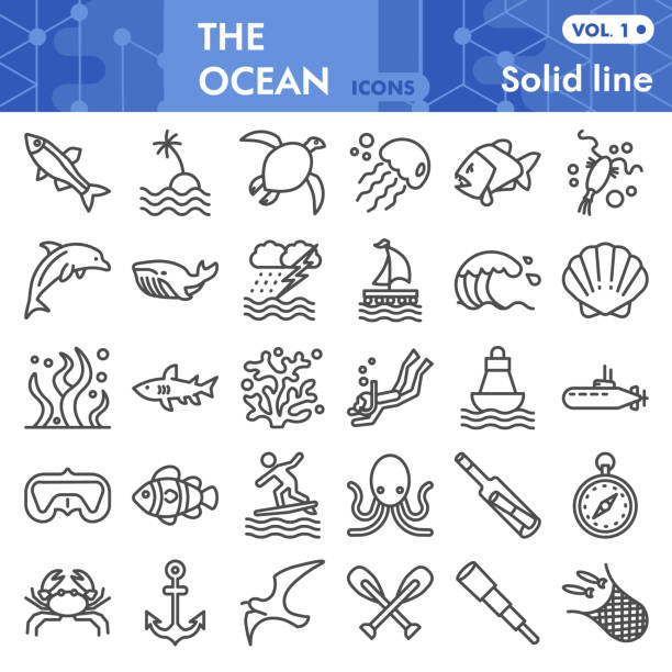 okyanus çizgi simgesi seti, deniz sembolleri toplama veya çizimler. web için deniz yaşam işaretleri, doğrusal stil piktogram paketi beyaz arka plan üzerinde izole. vektör grafikleri. - ocean stock illustrations