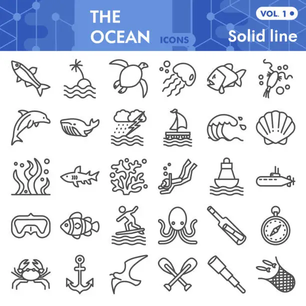 Vector illustration of Ocean line icon set, nautical symbols collection or sketches. Marine life signs for web, linear style pictogram package isolated on white background. Vector graphics.