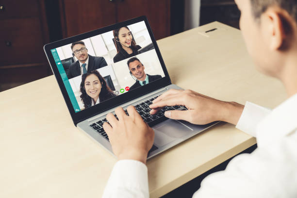 istock Video call business people meeting on virtual workplace or remote office 1254896731