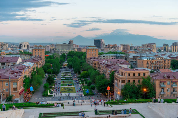 City skyline of Yerevan at sunrise, with mountain Ararat in background City skyline of Yerevan at sunrise, with mountain Ararat in background armenia country stock pictures, royalty-free photos & images