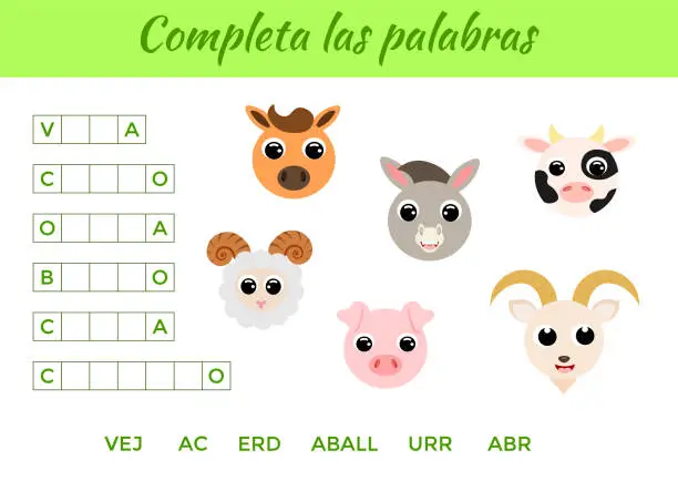 Vector illustration of Completa las palabras - Complete the words, write missing letters. Matching educational game for children with cute animals. Educational activity page for study Spanish. Isolated vector illustration.