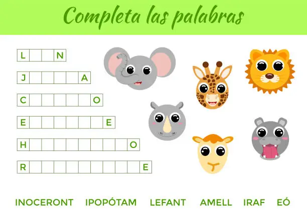Vector illustration of Completa las palabras - Complete the words, write missing letters. Matching educational game for children with cute animals. Educational activity page for study Spanish. Isolated vector illustration.