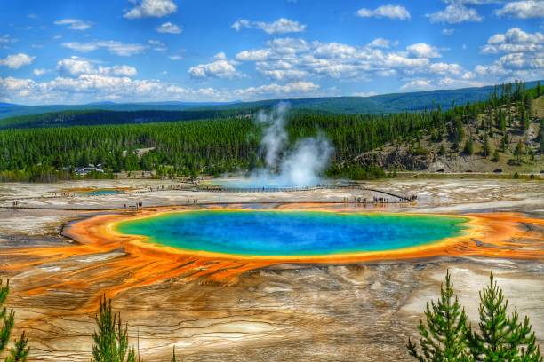 Grand Prismatic Spring, Yellowstone National Park The Grand Prismatic Spring in Yellowstone National Park is the largest hot spring in the United States, and the third largest in the world midway geyser basin stock pictures, royalty-free photos & images