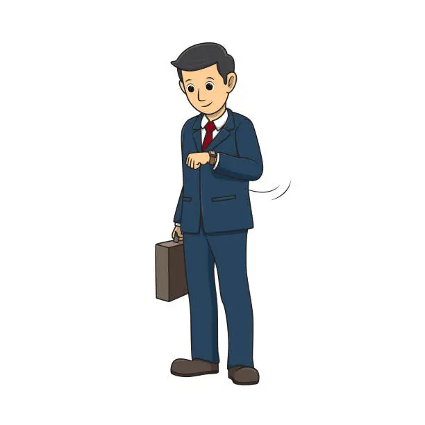 Vector illustration of A business man standing at a wrist watch to see the time With the other hand holding a briefcase Can use images in business communications