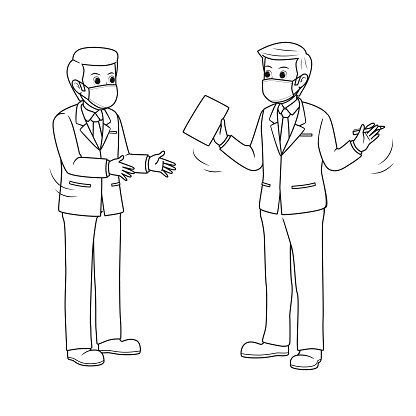 Ilustración de Dibujos En Blanco Y Negro Para Colorear Dos Personas De Negocios De Pie Y Hablando Ambas Usan Máscaras Para Evitar Que Virus O Gérmenes Se Propaguen En El Aire y Ilustración de Dibujos En Blanco Y Negro Para Colorear Dos Personas De Negocios De Pie Y Hablando Ambas Usan Máscaras Para Evitar Que Virus O Gérmenes Se Propaguen En El Aire y