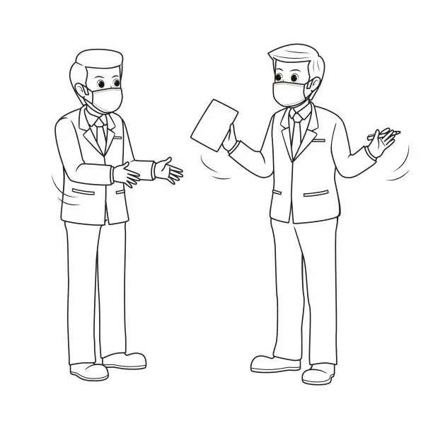 Vector illustration of Black and white drawings for coloring Two business people standing and talking Both wear masks to prevent viruses or germs from spreading in the air.