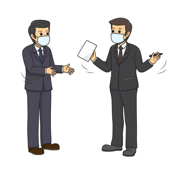 Vector illustration of Two businesspeople standing and talking Both wear masks to prevent viruses or germs from spreading in the air.