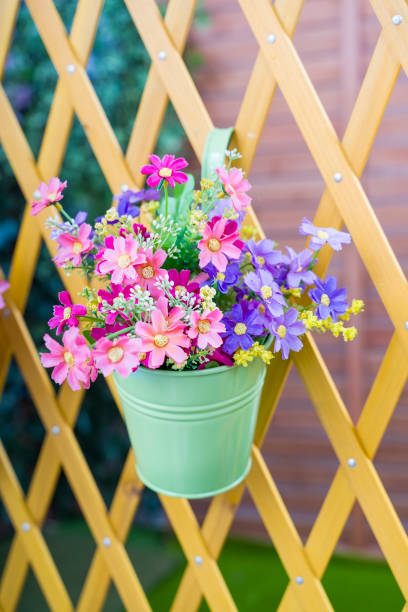 istock Hanging Flower Pots with fence 1254911924