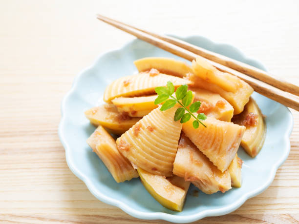 Simmered Bamboo Shoots with Dried Bonito Simmered Bamboo Shoots with Dried Bonito zanthoxylum stock pictures, royalty-free photos & images