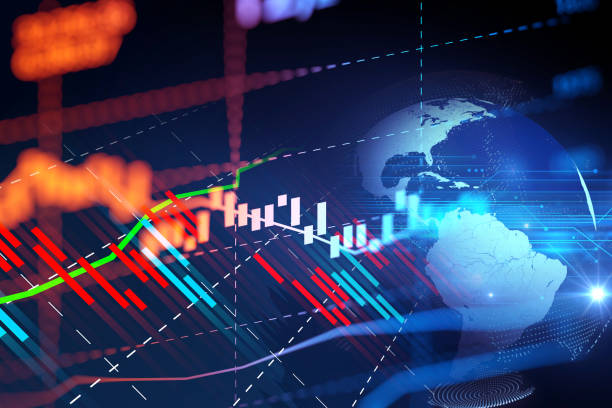 gráfico de inversión bursátil con datos de indicadores y volúmenes. - stock market stock ticker board stock market data finance fotografías e imágenes de stock