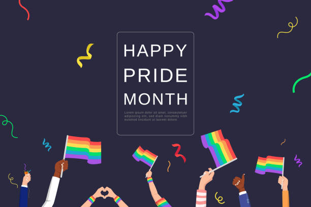 LGBTQ background with people hands waving rainbow flags celebrating pride month LGBTQ background with people hands waving rainbow flags celebrating pride month pride month stock illustrations