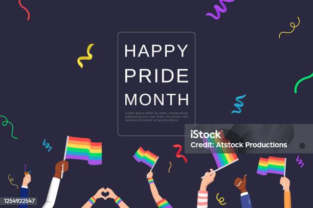 Lgbtq Background With People Hands Waving Rainbow Flags Celebrating Pride Month Stock Illustration - Download Image Now