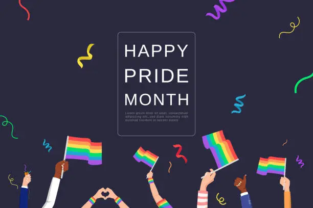 Vector illustration of LGBTQ background with people hands waving rainbow flags celebrating pride month
