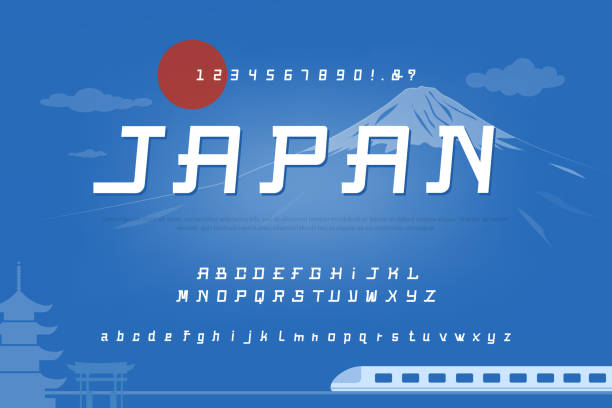 alphabet schriftsatz mit zahlen auf bunten blauen einzigartigen japan thema hintergrund - lowering sky stock-grafiken, -clipart, -cartoons und -symbole