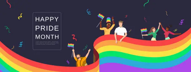 Vector illustration of LGBTQ people celebrating happy pride month with colorful rainbow flags on banner background
