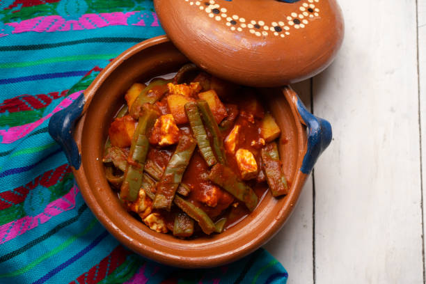 istock Mexican potato and nopal cactus stew with red sauce on rustic background 1254923219