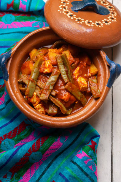 istock Mexican potato and nopal cactus stew with red sauce on rustic background 1254923369