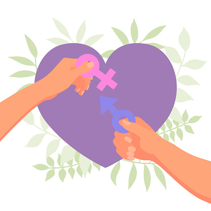 World Sexual Health Day poster concept . Couple hands holding male and female gender symbol with heart background. Vector illustration in flat design style.
