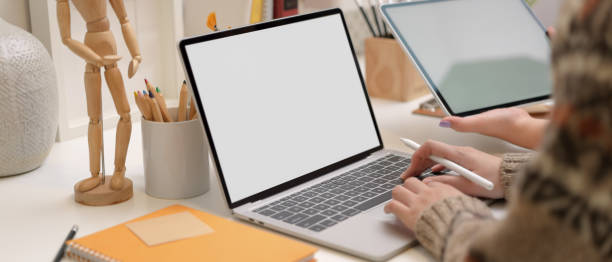istock Female working with mock-up laptop, tablet and painting tools while briefing with colleague 1254925635