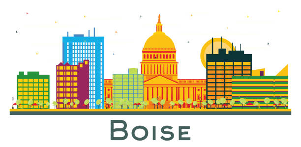 Boise Idaho City Skyline with Color Buildings Isolated on White. Boise Idaho City Skyline with Color Buildings Isolated on White. Vector Illustration. Business Travel and Tourism Concept with Modern Architecture. Boise USA Cityscape with Landmarks. business architecture blue people stock illustrations