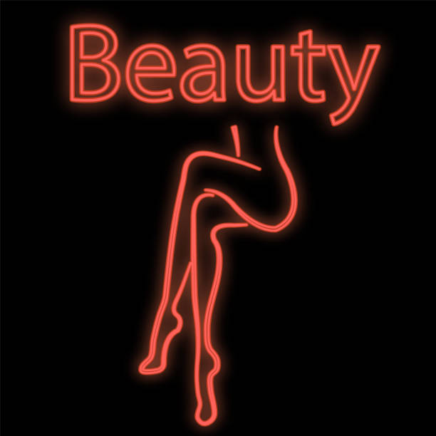 ilustrações de stock, clip art, desenhos animados e ícones de bright luminous red neon sign for a bar of a beauty salon. beautiful brilliant beauty spa with a sitting woman with a slim figure and legs on a black background. vector illustration - 4722