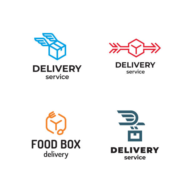 Vector Delivery Logo Design Set Vector delivery logo design set. Linear box icon label for logistic services. Modern fast shipping concept with flying bird, wings, arrow. Graphic courier symbol illustration background logo mail stock illustrations