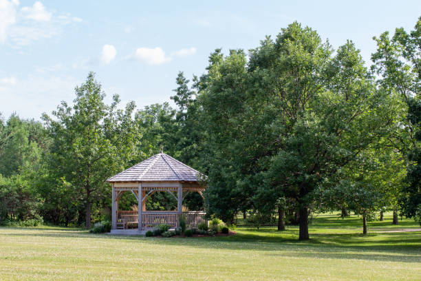 istock Landscaped gazebo in a public botanical garden 1254934281