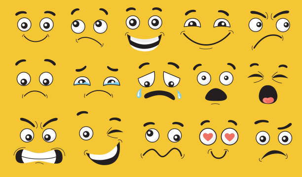 Comic face expressions set Comic face expressions set. Smiling, pensive, happy, crying, shocked, scared, angry cartoon character faces, grimaces with eyes and mouth. Vector illustrations for emotions and feelings concept grimacing stock illustrations