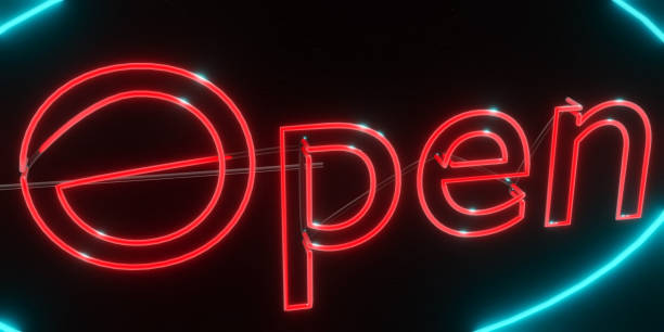 istock Open neon sign light. Glowing large illuminated advertisement concept. 1254935351