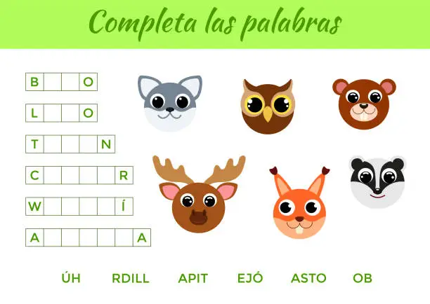 Vector illustration of Completa las palabras - Complete the words, write missing letters. Matching educational game for children with cute animals. Educational activity page for study Spanish. Isolated vector illustration.