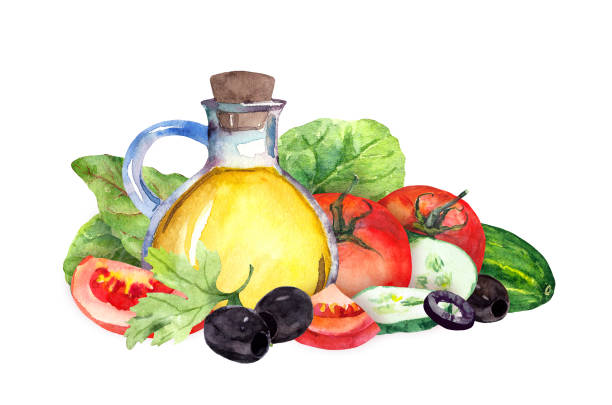 ilustrações, clipart, desenhos animados e ícones de design de alimentação com ingredientes de salada, folhas verdes, pepinos, tomates vermelhos e azeitonas no fundo branco - tempera painting paint art bottle