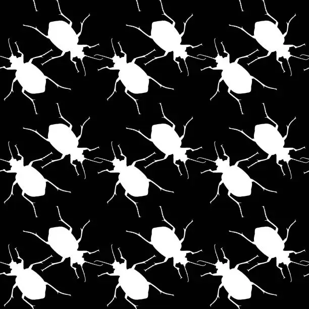 Vector illustration of Seamless pattern with bugs. Endless background with beetles. Vector silhouette illustration.