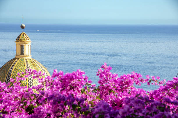 View of the dome of the cathedral at  Positano on Amalfi coast in Italy