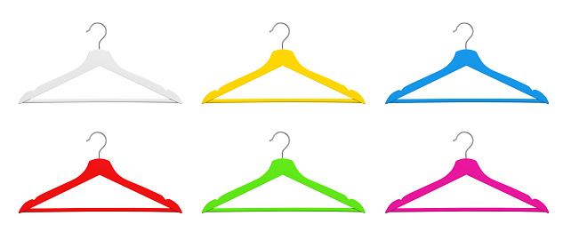 Colorful collection of clothes hangers, isolated on white background