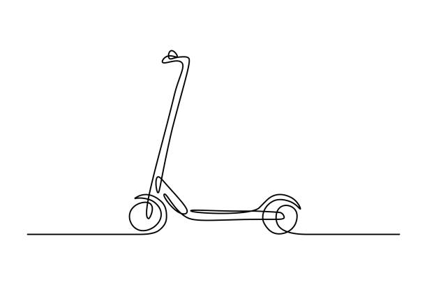 scooter Scooter in continuous line art drawing style. Stand-up scooter for short distance transportation minimalist black linear sketch isolated on white background. Vector illustration scooter stock illustrations