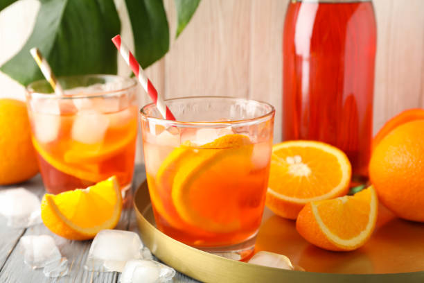 istock Composition with Spritz cocktail on wooden background. Summer drink 1254943813