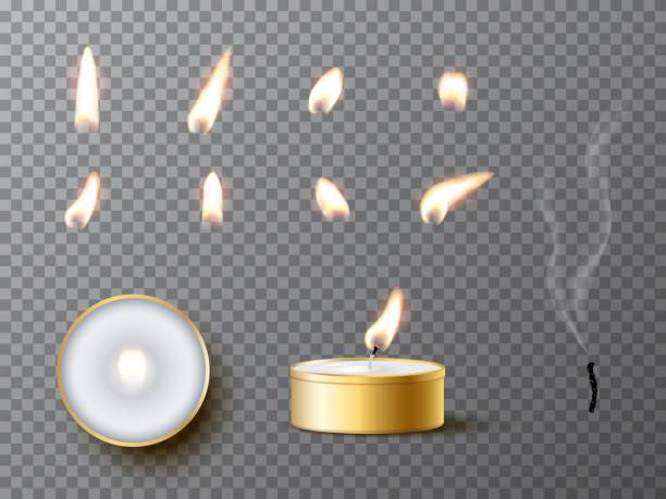 Vector realistic golden tea candle with fire and candle fire set isolated on transparent background. Vector realistic golden tea candle with fire and candle fire set isolated on transparent background kerosene fuel stock illustrations