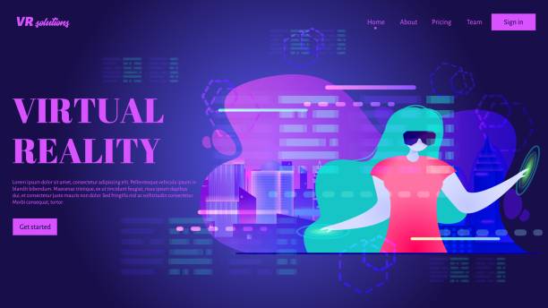 istock Women in virtual reality headset or glasses works with graphs and charts. VR landing page concept. 1254946241