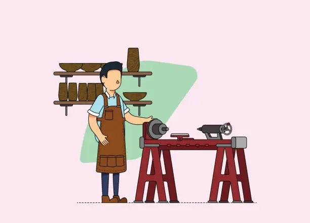 Vector illustration of Male woodworker working at the workshop with a lathe.