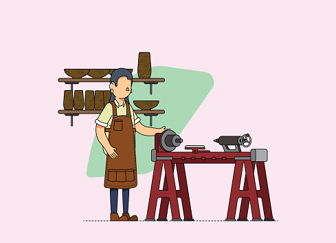 Female Woodworker Working At The Workshop With A Lathe Stock Illustration -  Download Image Now - iStock