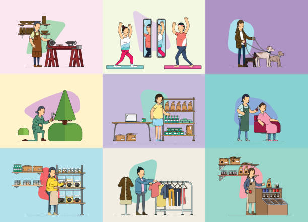 ilustraciones, imágenes clip art, dibujos animados e iconos de stock de colección de imágenes de propietarios de pequeñas empresas femeninas de 9 escenas que representan estilos de vida modernos. - small business owner