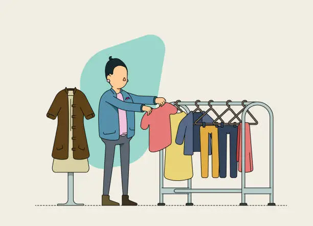 Vector illustration of Female second hand clothing store owner checking inventory. Sustainable retailing and product up-cycling.