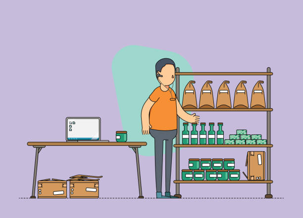 Male e-commerce owner, working from a home office and doing an inventory of goods in stock. Illustration of small business owner at work. Vector file small business owner on computer stock illustrations