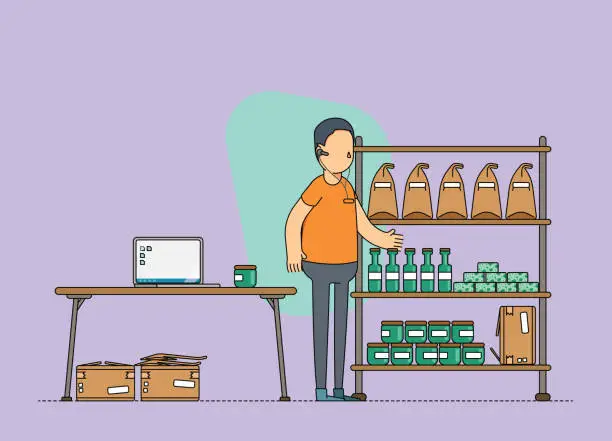 Vector illustration of Male e-commerce owner, working from a home office and doing an inventory of goods in stock.