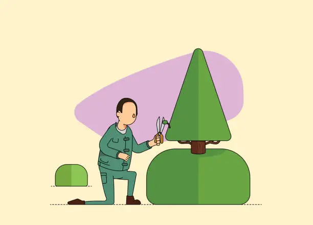 Vector illustration of Male landscaper pruning and cutting a tree.