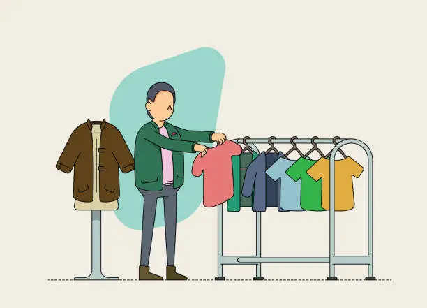 Vector illustration of Male second hand clothing store owner checking inventory. Sustainable retailing and product up cycling.